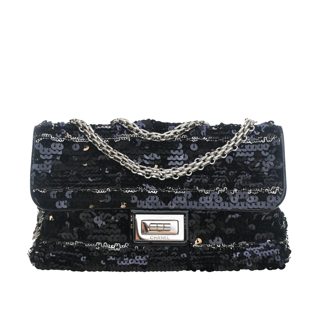 Pre-Loved Chanel Patent Trimmed Sequined Satin Reissue 2.55 Single Flap 225